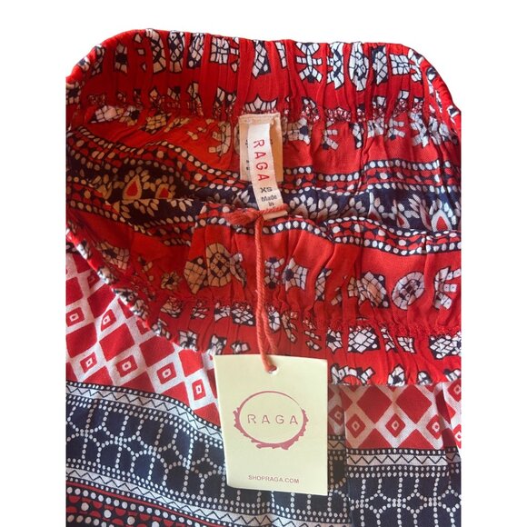 Raga Red & Blue Bohemian Patterned XS Mini Skirt With Elastic Waist & Ruffle Hem - Picture 3 of 5